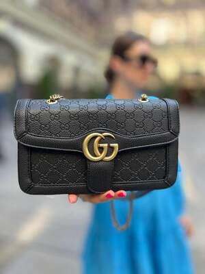 Женская сумка из эко-кожи Gucci black Гуччи черная молодежная, брендовая сумка через плечо