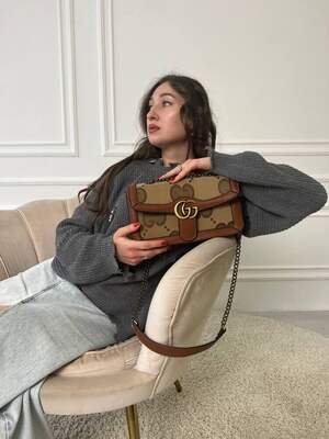 Женская сумка из эко-кожи Gucci  Гуччи коричневая молодежная, брендовая сумка через плечо